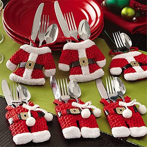 Image of Uten 6x Christmas Cutlery Silverware Holders Pockets Knifes Forks Bag Santa Suit Xmas Party Dinner Table Decoration (Red)