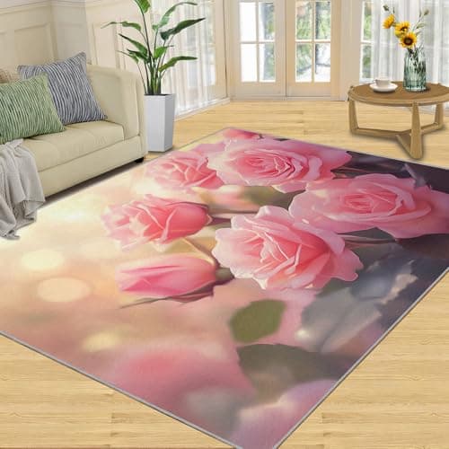 Image of SANSJI Pink Rose Rug 100x150 Area Rugs, Romantic Flowers Rugs for Bedroom Spring Florals Rugs for Living Room, Washable Indoor Carpet & Home Decor, Non Slip & Low Pile