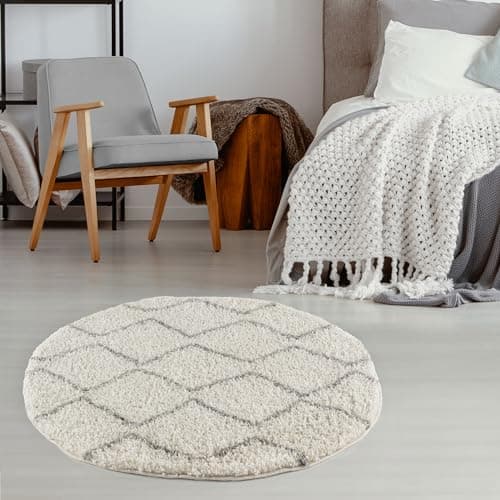 Image of THE RUGS Modern Moroccan Design Living Room and Bedroom Rugs, Non-Shedding & Easy Care (Boho Ivory/Grey, 120 cm Round)