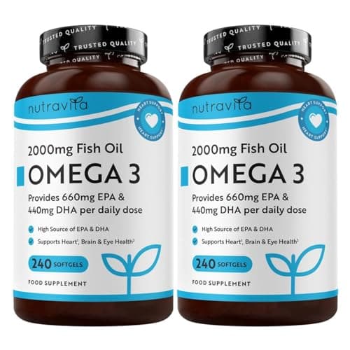 Image of Nutravita Omega 3 Capsules High Strength 2000mg with 660mg EPA & 440mg DHA, 2 Bottles of 240 Softgel Omega 3 Fish Oil Capsules for 8 Months of Supply, Fish Oil Omega 3 Supplements