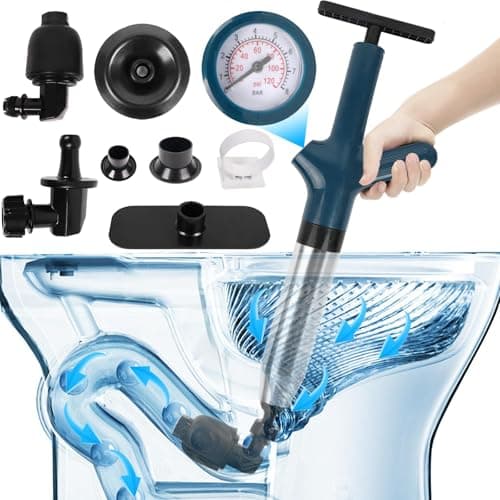 Image of Toilet Plunger, Drain Clog Remover, High-Pressure Air Drain Blaster with Real-Time Barometer Powerful Drain Sink Plunger Plumbing Tools, Plungers for Bathroom Sink Floor Kitchen Clogged (Blue)