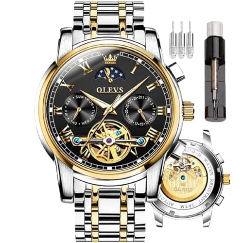 Image of OLEVS Mens Automatic Watches Skeleton Mechanical Self Winding Luxury Dress Wrist Watch Moon Phase Day Date Waterproof Luminous Two Tone Watches Gifts