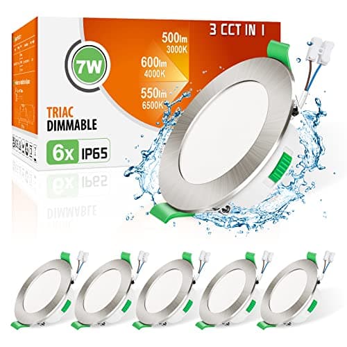 Image of ALUSSO IP65 LED Downlights Dimmable 7W Slim Recessed Ceiling Lights, 3CCT 3000K Warm 4000K Neutral 6500K Cool Adjustable Bathroom Spotlights, Brushed Nickel, 6 Pack