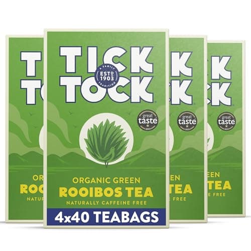 Image of Tick Tock Organic Green Tea Bags Rooibos, Naturally Decaf Green Tea Bags, Caffeine-Free, Pack of 4x 40 (160 Teabags) Biodegradable, Redbush