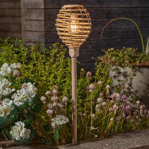 Image of Festive Lights - 70cm Brown Rattan Outdoor Garden Torch Stake Light – Filament Style Warm White LED Bulb, Weather Resistant - Integrated Panel for Pathways, Patios, Decking, Driveways & Flower Beds