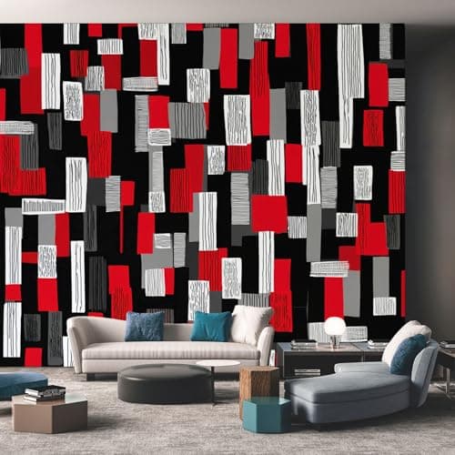 Image of Geometric Wallpaper for Living Room, Black White Red Abstract Wall Mural for Bedroom 150x105 cm, Non-Woven Photo Wallpaper, Home Decor D&O23