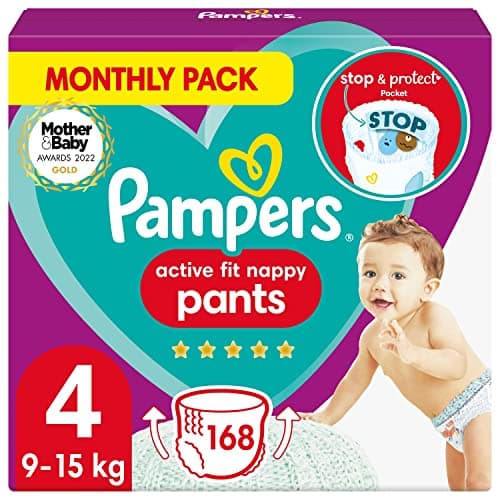 Image of Pampers Baby Nappy Pants Size 4 (9-15kg), Active Fit, 168 Nappies, MONTHLY SAVINGS PACK, Pampers’ Trusted Fit and Comfort For Your Wild Child