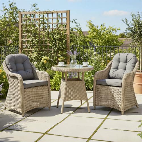 Image of Oseasons Sicilia Rattan 2 Seat Bistro Set in Sandy Oak with Grey Cushions - Aluminium Frame Outdoor Patio Furniture, Weather Resistant Rattan Bistro Table and Chairs, Ideal for Garden or Balcony