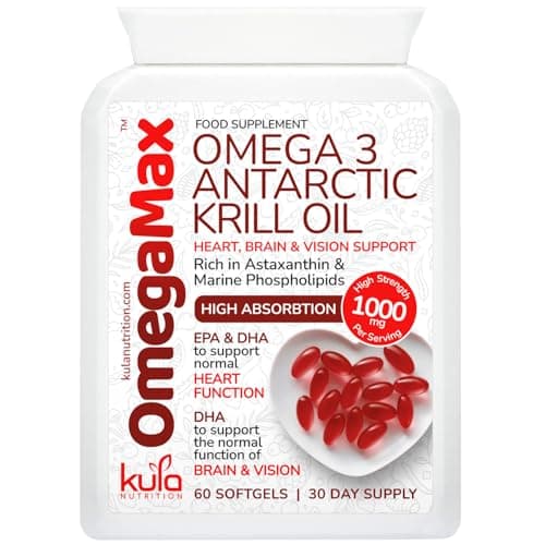 Image of OmegaMax - High Strength Red Krill Oil Capsules 1000mg per Serving - Astaxanthin - Ultra Pure Omega 3 Oil for Heart, Blood Pressure, Vision and Brain Health – Sustainably Sourced - 60 x 500mg Softgels
