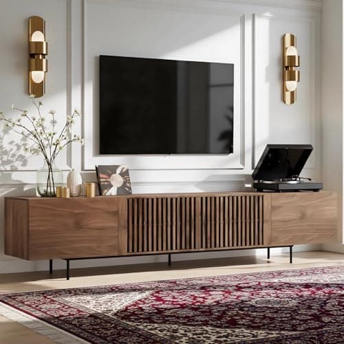 Image of TFFCIC 240cm Long Walnut TV Unit, Extra Wide Fluted Wooden TV Stand Cabinet with Storage for Living Room 65-85-100 Inch TVs