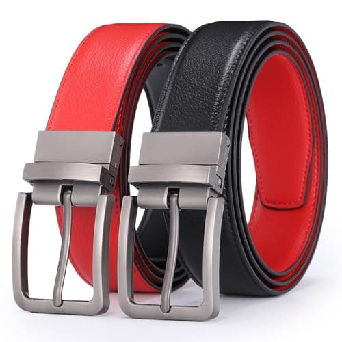 Image of Glamicci Reversible Genuine Leather Belt – 2-in-1 for Men & Women | Adjustable, Trim-to-Fit | Premium Alloy Buckle | 33-34mm (1.3") Wide | Black/Red | Large Fits Up to 40” Waist
