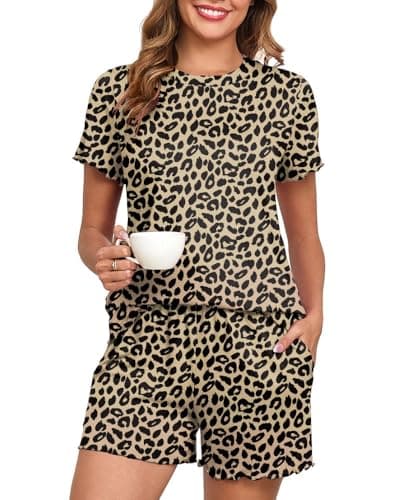 Image of PrinStory Womens Nightwear Short Ladies Pyjamas With Pockets Summer Knit Pjs Sets Crewneck Loungewear (Ld Khaki, M)