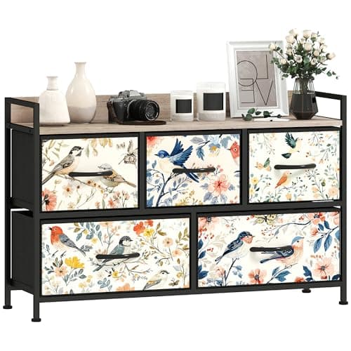 Image of HOMCOM Bedroom Chest of Drawers, Fabric Dresser with 5 Drawers, Open Shelf and Steel Frame for Living Room, Hallway, White