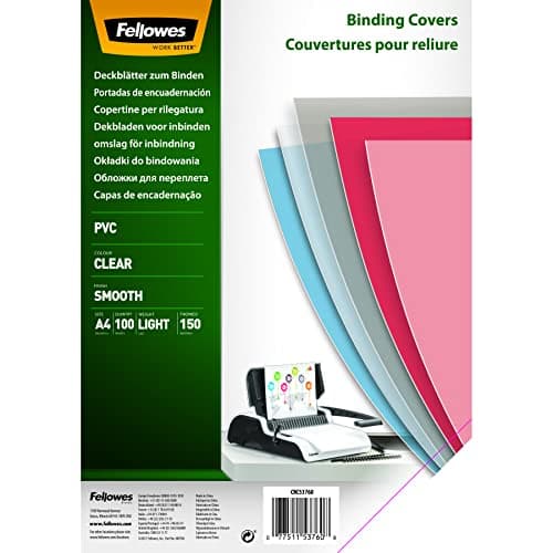 Image of Fellowes A4 Clear PVC Binding Covers, 150 Micron Transparent Protective Sheets, Smooth Finish, Pack of 100 - Compatible with Comb & Wire Binding
