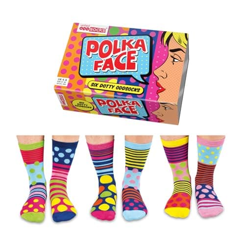 Image of United Oddsocks Polka Face Gift Box, 6 Dotty Oddsocks for Women – UK 4–8, EUR 37–42, US 6.5–10.5 – Colourful Novelty Mix-and-Match Socks with Dots & Stripes, Funny Gift for Birthdays & Holidays