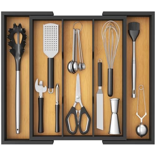 Image of Lifewit Utensil Drawer Organiser, Extendable Cutlery Tray for Kitchen, Silverware Flatware Holder, Wood Adjustable Kitchen Spatula Tools and Gadgets Storage Divider, 33-57x38cm, Natural&Black