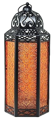 Image of Black Metal Decorative Moroccan Lantern Candle Holder Lamp for Indoor or Outdoor Home Decor, Extra Large, Amber
