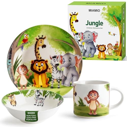 Image of MIAMIO – Set of 3 Kids Dinnerware Set/Porcelain Children Dishes, Kids Dish Set, Children’s Tableware Set - Includes Plate, Bowl and Cup – for Kids and Toddler (Jungle)