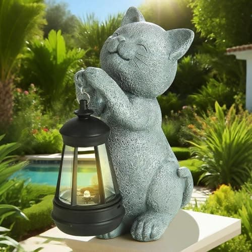 Image of LETITIN Solar Cat Garden Statue with Lights, Outdoor Cat Decor with Solar Powered LED - Weather Resistant Figurine for Yard, Patio, Lawn - Night Light Gift for Cat Lovers