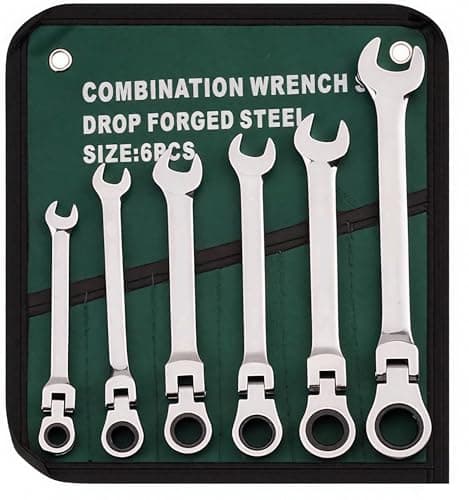 Image of 6PCS Flexible Head Ratchet Spanner Set, Metric 8-17mm Combination Wrenches with 180° Flex Head & 72-Tooth Ratchet, Chrome Vanadium Steel Nickel Plated, Includes Roll Pouch for DIY and Car Repair