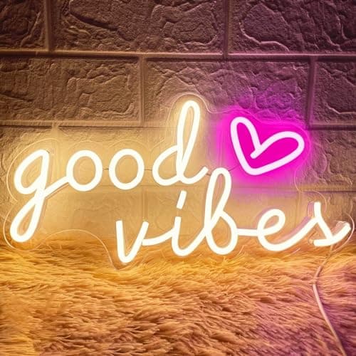 Image of HOHOSIGN Good Vibes Neon Signs for Wall Decor, Good Vibes Neon Lights 16x8inch, USB Operated Warm White LED Signs for Bedroom, Room, Wall Decor, Birthday Party, Wedding, Salon, Bar, Home, Girl Cave
