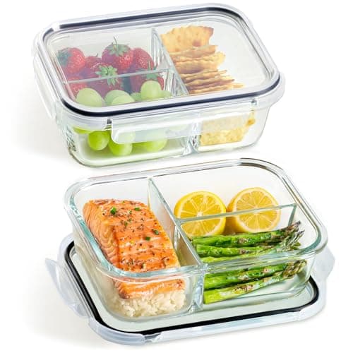 Image of Praknu Glass Containers with Lids - Set of 2 Meal Prep Glass Containers with 3 Compartments – 1 Litre – Airtight – Suitable for Dishwasher, Microwave & Oven