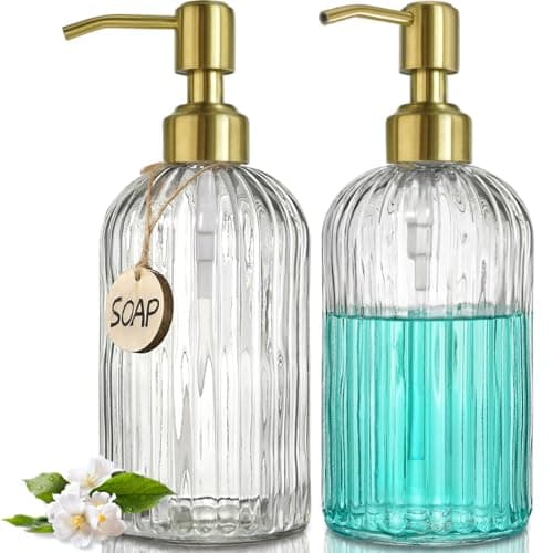 Image of JASAI 2PACK 18Oz Fluted Glass Soap Dispenser with Golden Rust Proof Pump, Refillable Kitchen Soap Dispenser with Vertical Stripe, Bathroom Soap Dispenser for Dispense Hand soap, Dish Soap, Lotion.