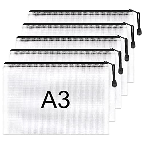 Image of Umriox A3 Document Folder Extra Thick Zipper File Bags Mesh Zip Lock Document Wallets Folder Travel Storage Pouch for Office Supplies and Travel Accessories, Waterproof, 5PCS (Black)