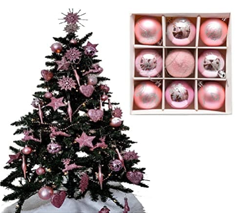 Image of 9pc Luxury Premium Baubles, Christmas Tree Bauble Decorations Matte, Glitter, shiny & Frosted (6cm) (Blush)