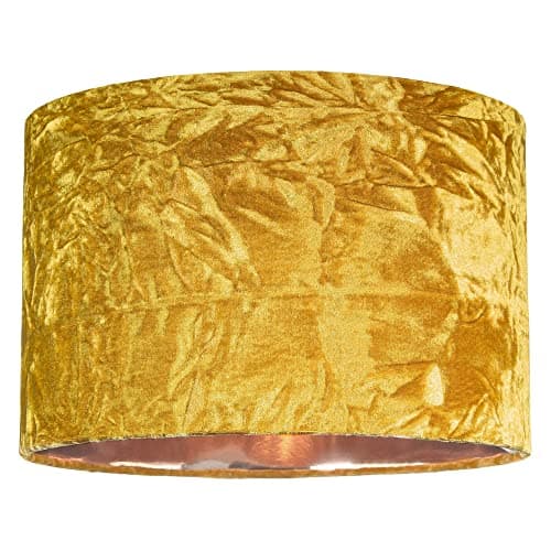Image of Modern and On-Trend Ochre/Mustard Crushed Velvet Fabric 14" Table or Pendant Circular Drum Lampshade with Shiny Copper Inner - 60watt Maximum | Perfect for Residential or Commercial by Happy Homewares