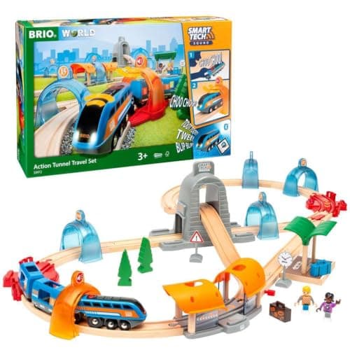 Image of BRIO World Smart Tech Sound Action Tunnel Travel Battery Powered Train Set for Children Age 3 Years Up - Kids Gifts