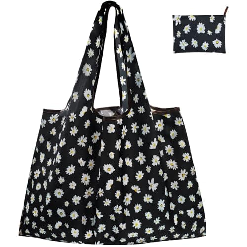 Image of FenFang Reusable Shopping Bags Foldable, Extra Large Grocery Bag, Washable Pocket Shopper Bag, Lightweight Handbag Tote Bag Portable Pouch for Travel Picnic, 56 X 67 cm (Black Flower)