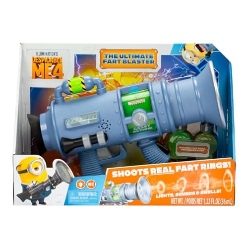 Image of Despicable Me 4 The Ultimate Fart Blaster; Blasts out REAL Fart Rings of fog; Plays 15 Different Fart Sounds Lights Up and Emits Smells; It Includes 2 Different Scented Fart Formulas