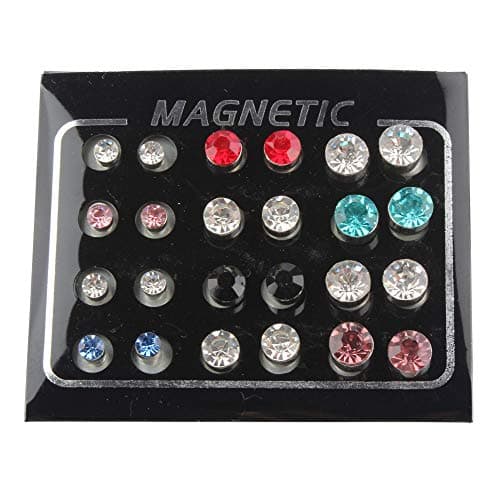 Image of POFET 12 Pairs Colors Shiny Rhinestones Magnetic Clip Non Piercing Earrings Set Unisex