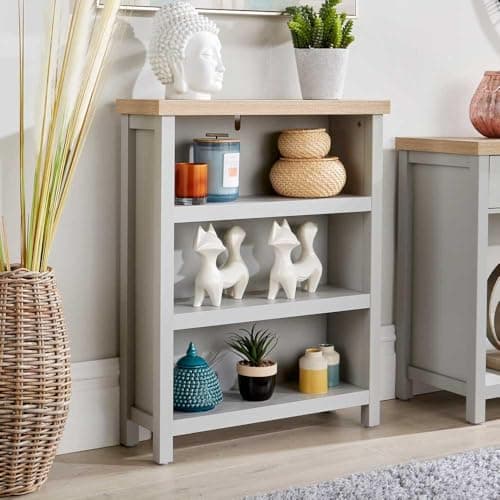 Image of Home Source Low Bookcase Display Unit, 3 Bookshelves, Oak Effect, Grey