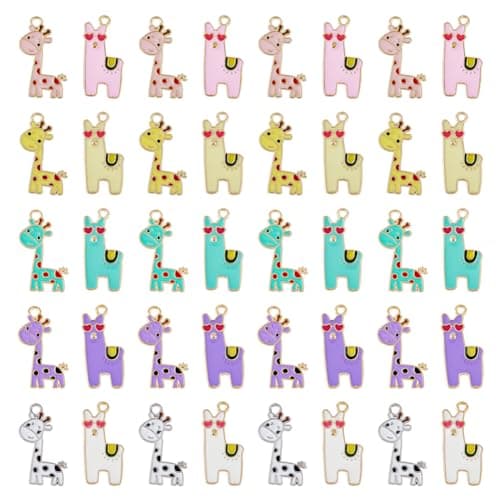 Image of SUPERFINDINGS 40Pcs 5 Colors Giraffe & Alpaca Pendants 2 Styles Alloy Enamel Dangle Charms Animal Theme Mixed Color Yellow Pink Pendants Charms Earrings Necklaces Bracelets Charms for Jewelry Making