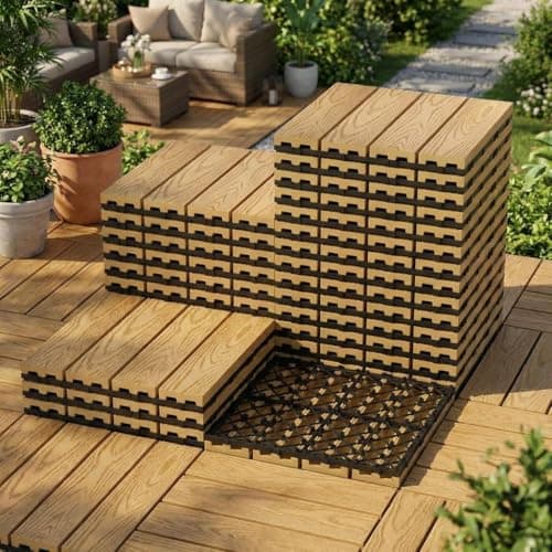 Image of Decking Tiles 9 Packs, 30 x 30 cm Waterproof Interlocking Flooring Tiles, All Weather Use Garden Deck Boards for Indoor Outdoor, Patio Deck Flooring for Balcony,Terrace,Backyard, Hot Tub - Wood