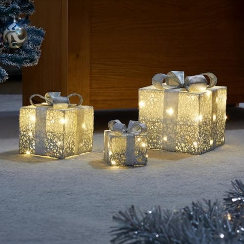 Image of Marco Paul Boxes with 45 LED Light - Battery Operated Pre-Lit Auto Timer Light Up Festival Accessories Gift Box Parcel - Silver Sparkle Christmas Lights for Indoor Xmas Decor -Set of 3