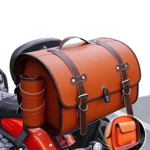 Image of HDAJDWA Motorcycle Tail Bag for Benelli Caffe Nero 125 2011-2016, All Weather Waterproof PU Leather Rear Seat Luggage Bag, 33L Large Capacity Storage Motorbike Saddle Bag,C Orange+Brown