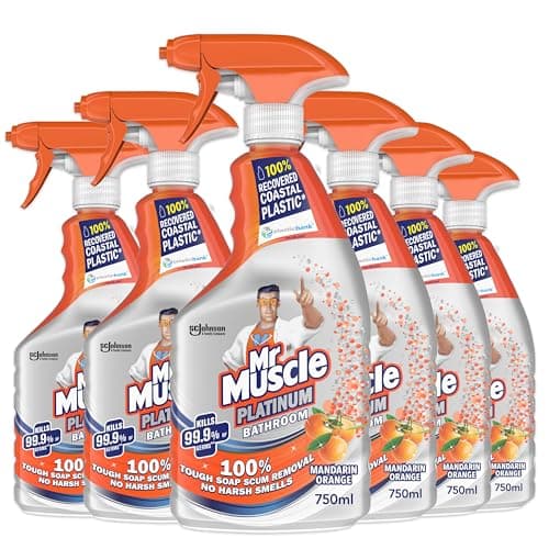 Image of Mr Muscle Bathroom Cleaner, Platinum Antibacterial Bathroom Spray, Mandarin, Pack of 6 (6 x 750ml)