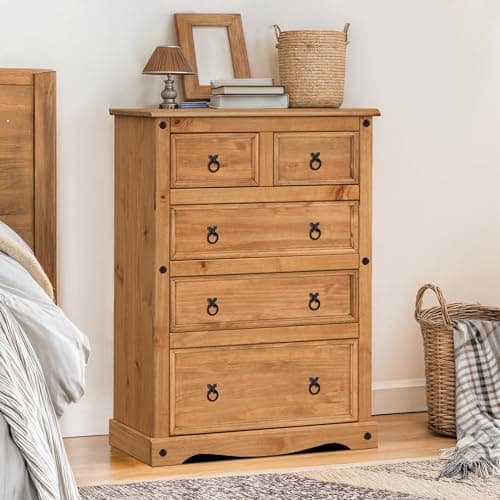 Image of Mercers Furniture Corona Compact 2+3 Chest Of Drawers 5 Drawer Solid Wood Mexican Pine Wooden Bedroom Storage Rustic 113cm High. 82cm Wide. 40cm Deep.