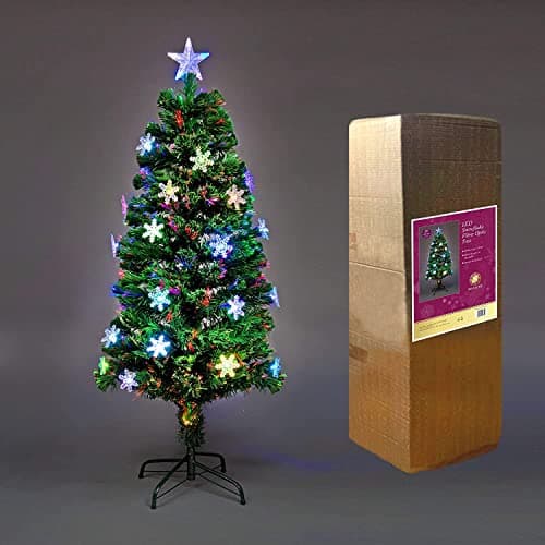 Image of 5Ft/150cm Fibre Optic Christmas Tree with Star Topper - LED Snowflakes Decorations - Pre-Lit Green Artificial Xmas Tree - Multicolor Changing Lights