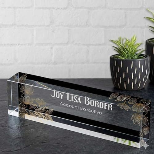 Image of Personalised Office Desk Name Plate Custom Modern Plaque Sign Clear Glass Effect Black Acrylic Base Work Home Gift for Loved Ones