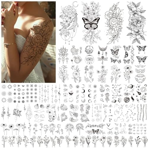 Image of Acevegue 61 Sheets Temporary Tattoos for Women Girls - Black Flowers Wild Plant Butterfly Fake Tattoos for adults, Semi Permanent Transfer Tattoos Stickers for Makeup Accessories Decorations