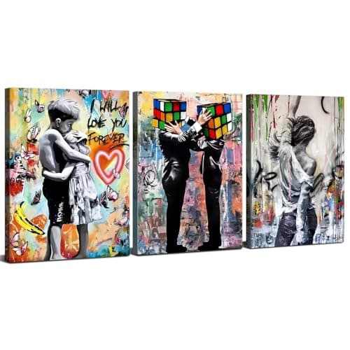 Image of Banksy Canvas Wall Art Set of 3 Abstract Graffiti Wall Decor Colourful Street Pop Art Decor for Living Room Hallway Modern Urban Pop Art Paintings for Bedroom Office Home Decoration 30x40cm 3Pcs