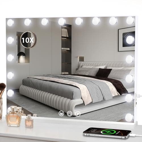 Image of Puranex Hollywood Vanity Mirror with Lights, 80 X 60 CM Dressing Table Mirror with 18 Dimmable LED Bulbs, Touchscreen Control & 3 Lighting Modes, Tabletop or Wall Mounted Cosmetic Mirror For Bedroom