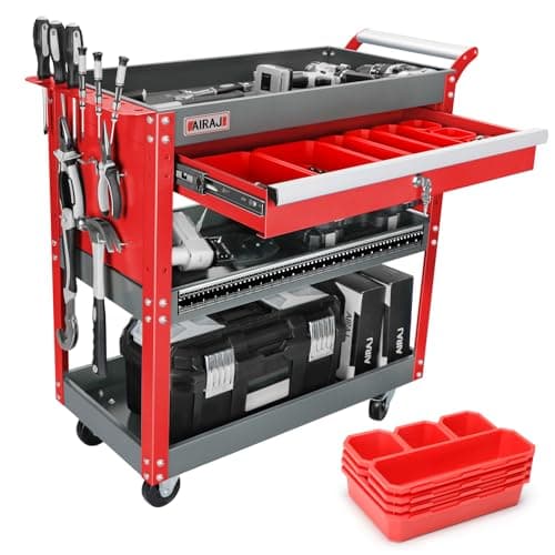 Image of AIRAJ 3 Tier Rolling Tool Cart,Mechanic Tool Cart on Wheels,Industrial Utility Cart with Drawers and Pegboard,440 LBS Capacity Tool Storage Cart for Garage,Warehouse,Red
