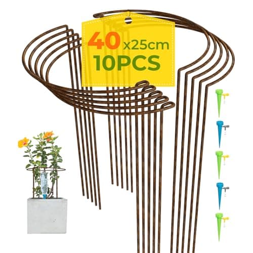 Image of LyTaispuly 10 Pack Rusty Metal Garden Plant Support Stakes Tall(Raw Steel Designed to Rust), 40cm High Large Strong Half Round Hydrangea Ring Cage, Bow Type Flower Hoops for Outdoor Peony Rose Tomato