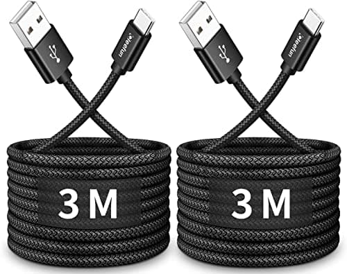 Image of CLEEFUN USB C Charger Cable (3M, 2Pack), Black Long USB A to Type C Fast Charging Braided Lead Compatible with iPhone 15 Pro Samsung Galaxy S10 S20 S23 S24 S9 S8 Plus A20e A50 A51,PS5,Switch