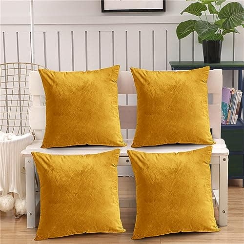 Image of Oxford Homeware Ochre Cushion Covers 45 x 45 Cm (Pack of 4) Decorative Velvet Cushions Cover for Living Room Sofa Bedroom with Invisible Zipper, 18'' x 18''